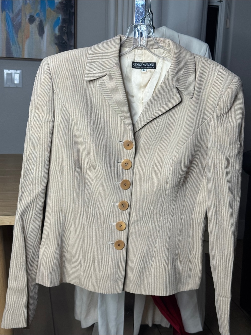 Vintage Giorgio Armani Beige Herringbone Six-Button Tailored Blazer IT 44